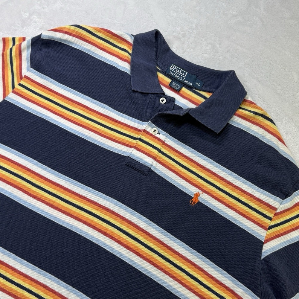 Vintage Y2K Polo by Ralph Lauren Stripe Polo Shirt XL‎ Navy 90s Blue Orange